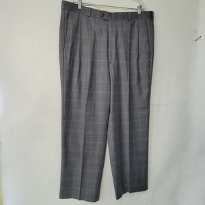 Paul Fredrick Pants Mens 42x30 Gray Plaid Windowpane Pleated Wool Dress Trousers
